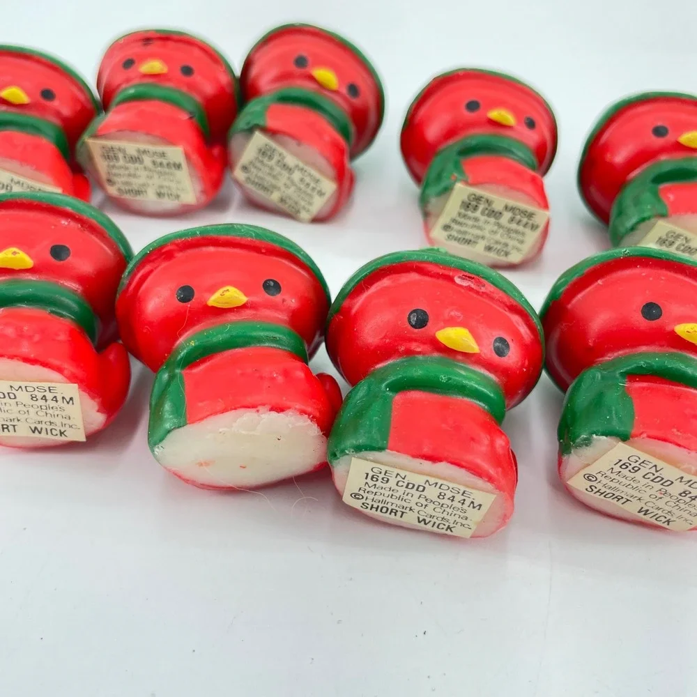 Vintage Hallmark Short Wick Red Bird Christmas Candles Green Hat Scarf 2 in Mini